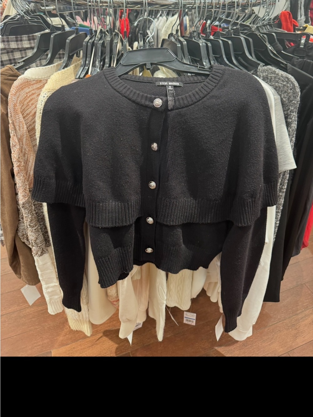 Steve Madden Black Layered Knit Cardigan with Decorative Buttons